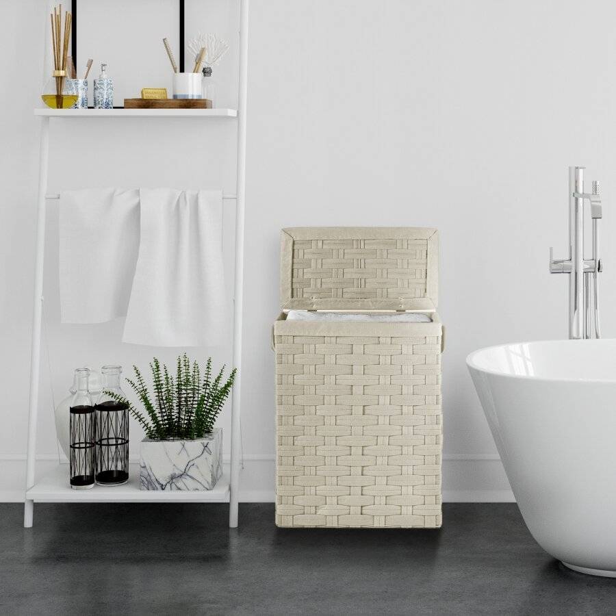 Slimline Laundry Linen Basket With Lid & Faux Leather Handle, Cream