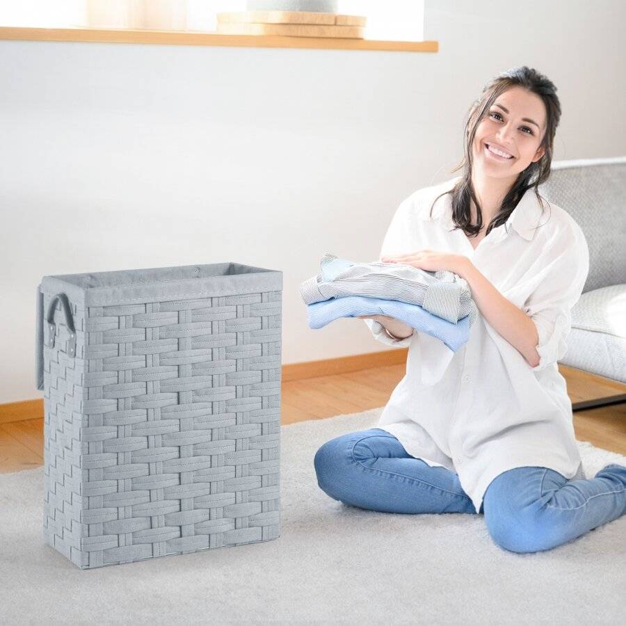 Slimline Laundry Linen Basket With Lid & Faux Leather Handle, Grey