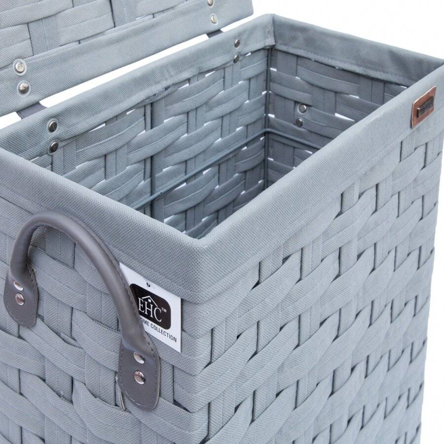Slimline Laundry Linen Basket With Lid & Faux Leather Handle, Grey