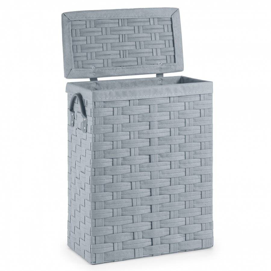 Slimline Laundry Linen Basket With Lid & Faux Leather Handle, Grey