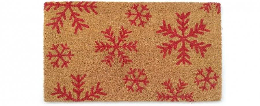 Snowflake Decorative Coir and PVC Backed Door Mat - Natural & Red