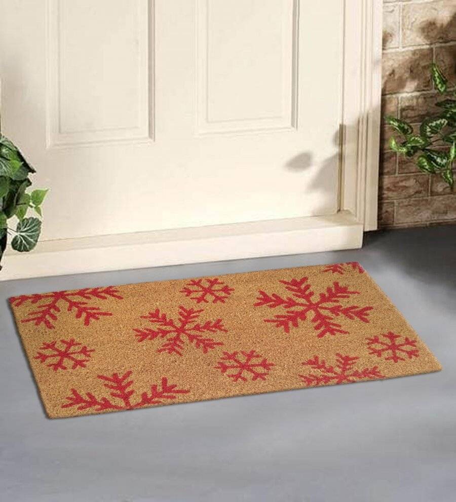 Snowflake Decorative Coir and PVC Backed Door Mat - Natural & Red