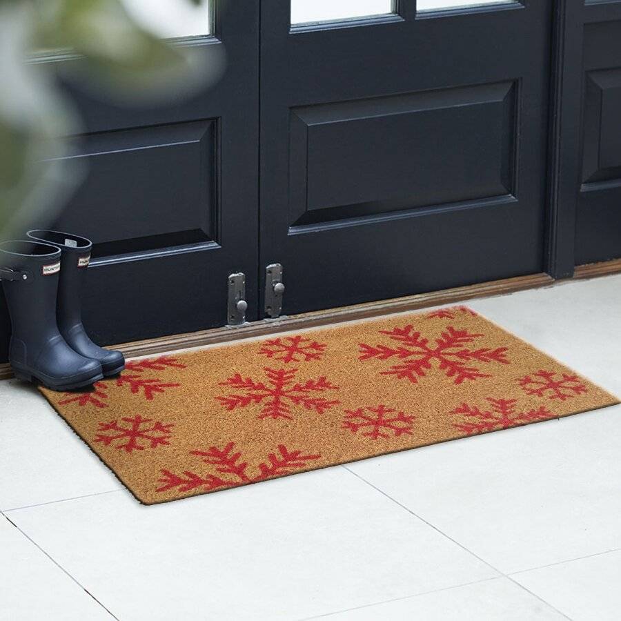 Snowflake Decorative Coir and PVC Backed Door Mat - Natural & Red