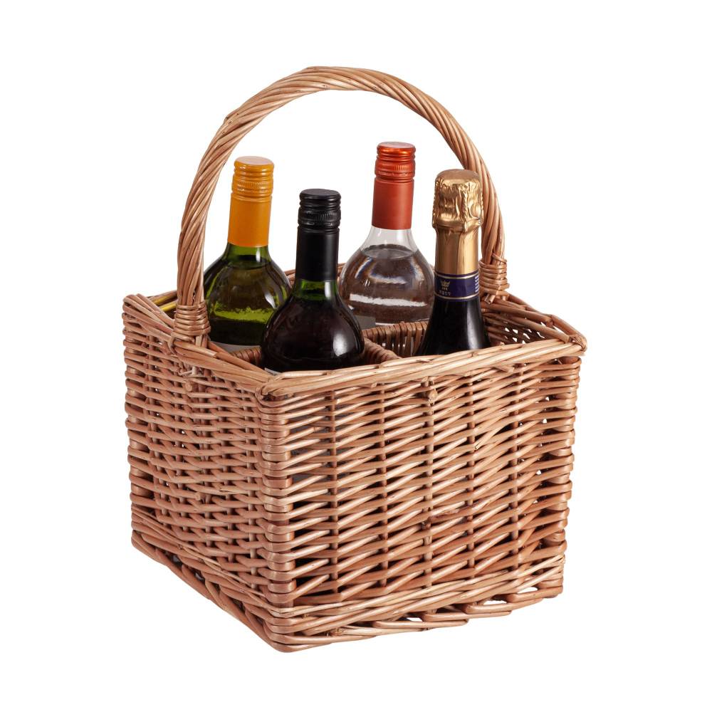 Square Willow Bottle Basket with Long Carry Handle & Four Sections
