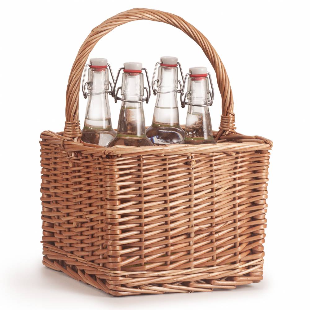 Square Willow Bottle Basket with Long Carry Handle & Four Sections