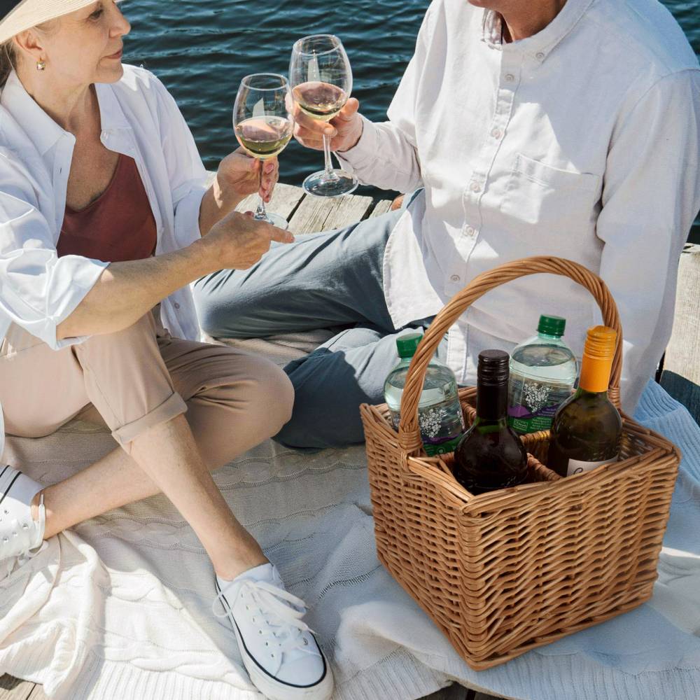 Square Willow Bottle Basket with Long Carry Handle & Four Sections