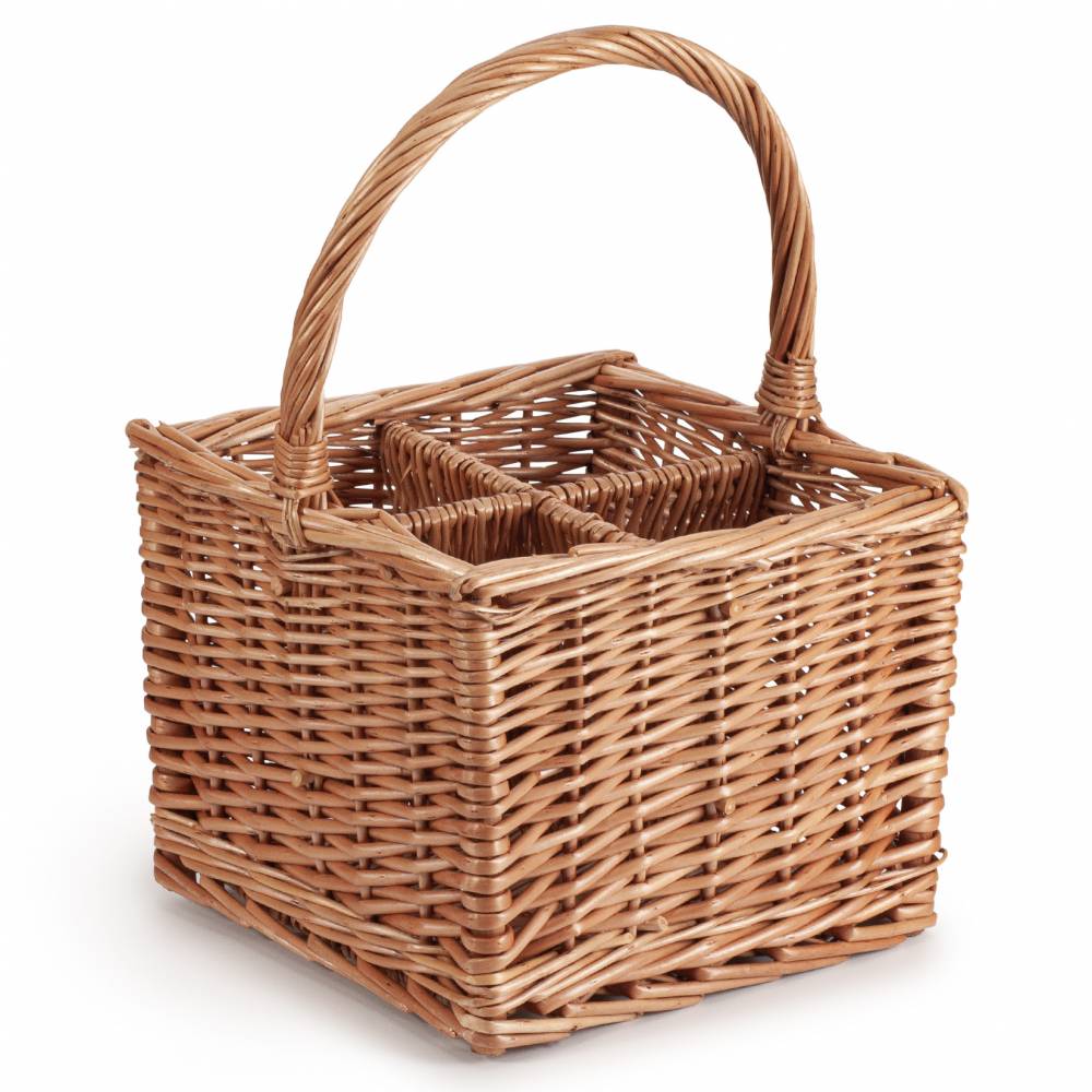 Square Willow Bottle Basket with Long Carry Handle & Four Sections