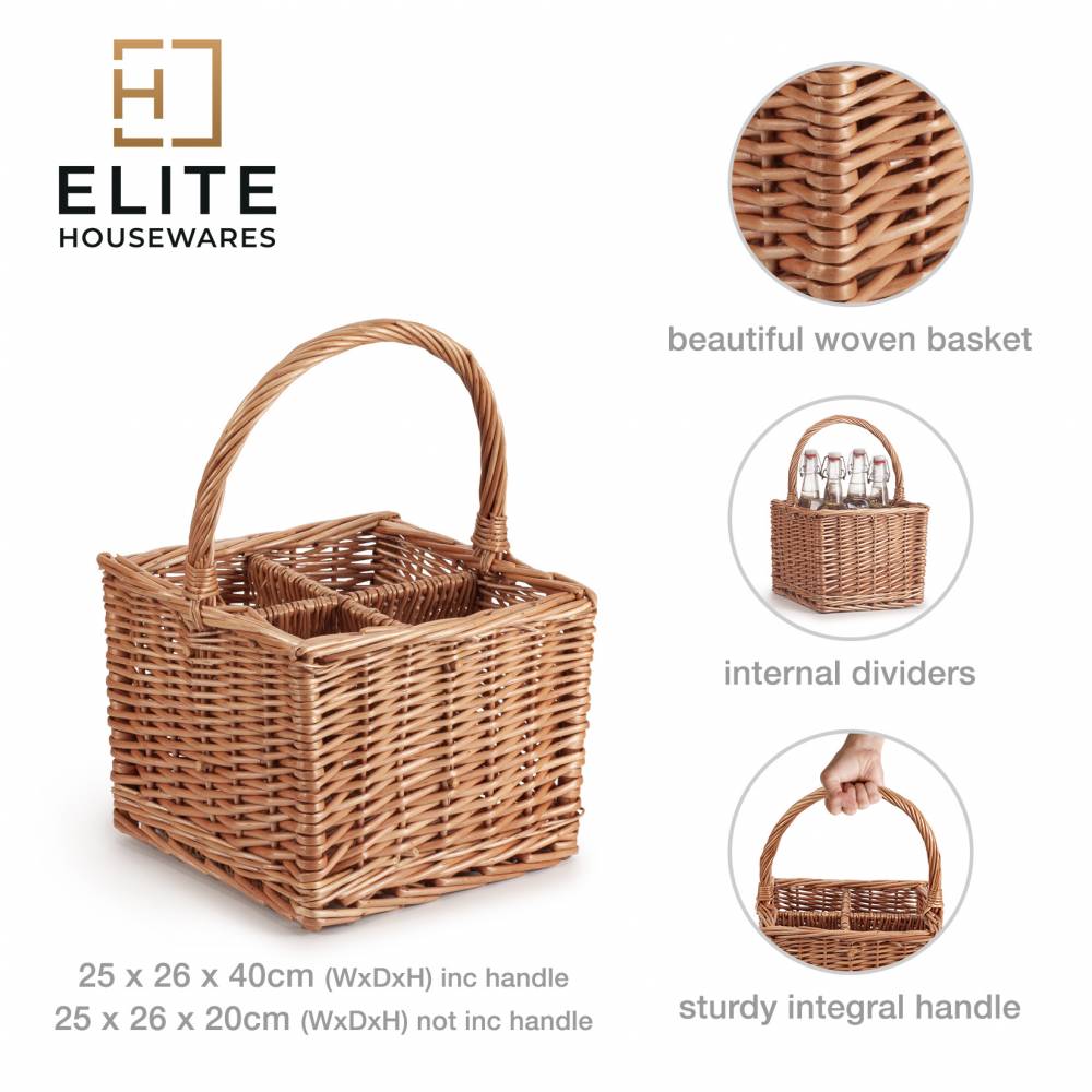 Square Willow Bottle Basket with Long Carry Handle & Four Sections