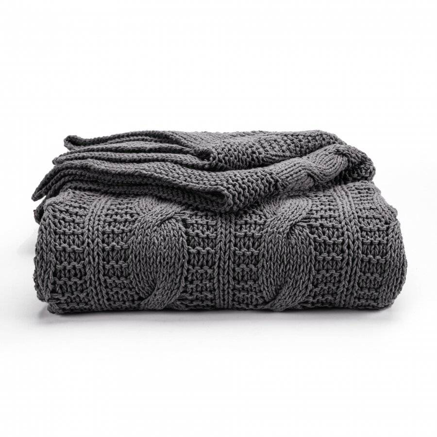 EHC Super Chunky Hand Knitted Cotton Sofa Throw, Smoke - 125 x 150 cm