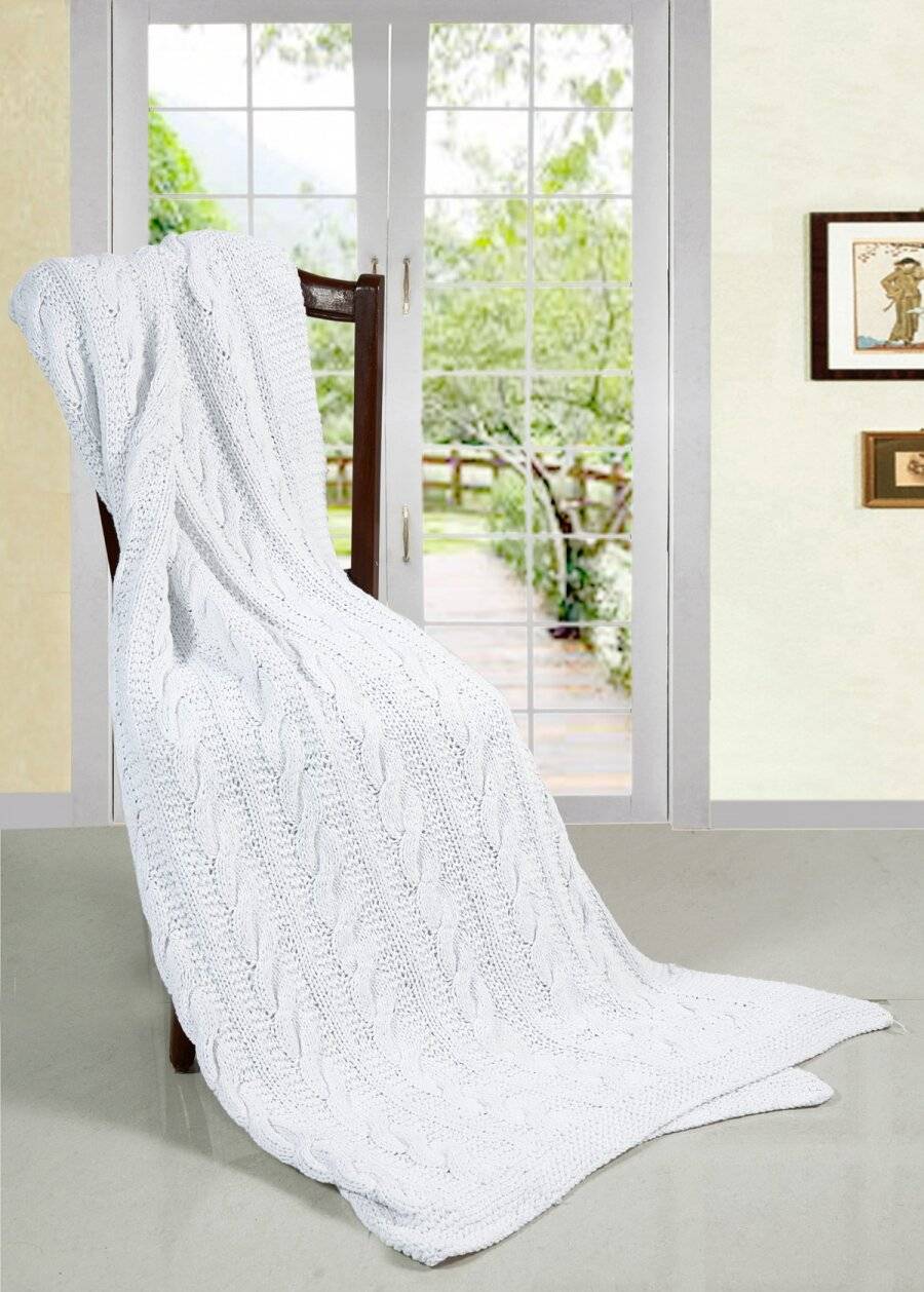 Super Chunky Hand Knitted Cotton Sofa Throw, White - 125 cm x 150 cm