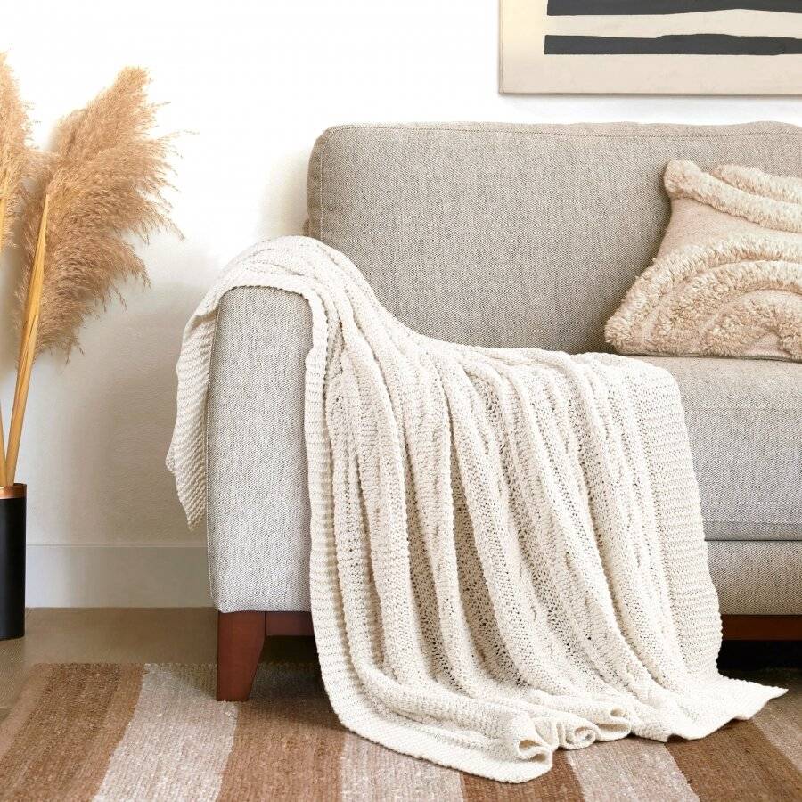 EHC Super Chunky Large Hand Knitted Cotton Throw, Cream,140 x 200 cm
