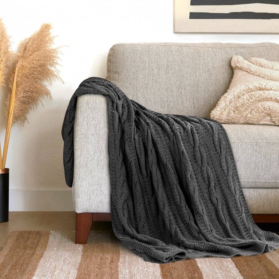 EHC Super Chunky Large Hand Knitted Cotton Throw, Smoke - 140 x 180 cm