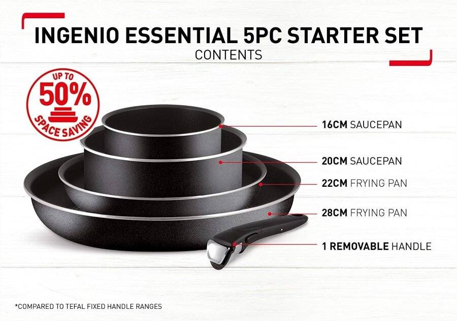 Tefal 5 PCs Ingenio Essential Nonstick Frying Pan Saucepan set, Black