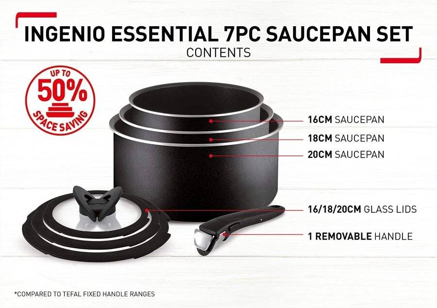 Tefal 7 Piece Ingenio Essential Saucepan Set With Lids, Black