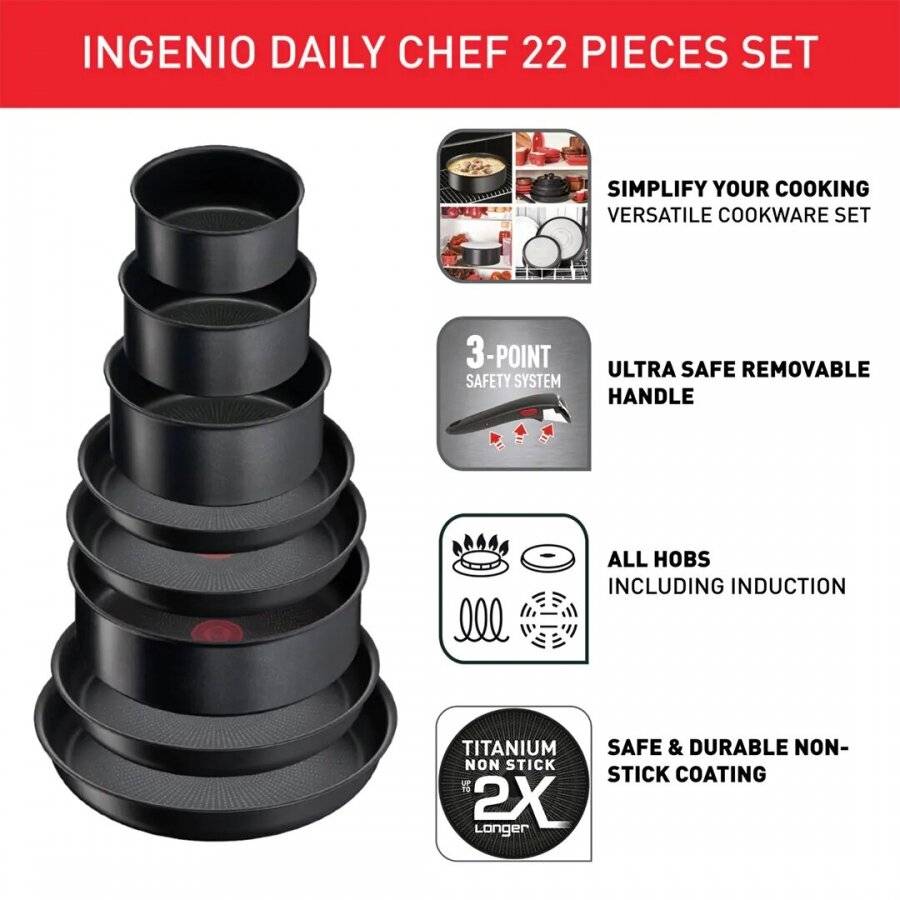 Tefal Daily Chef L7629542 22-Piece Induction Cookware Set, Black