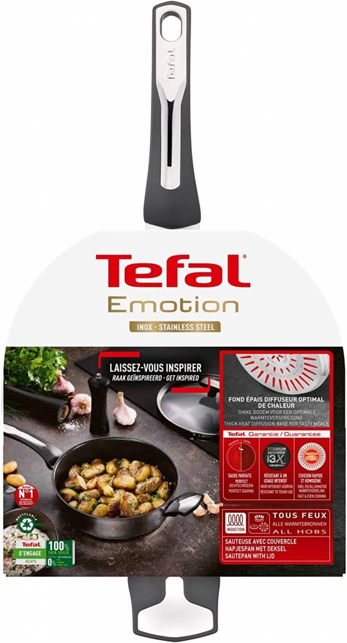 Tefal Emotion Stainless Steel 26cm Induction Sauté Pan with Glass Lid