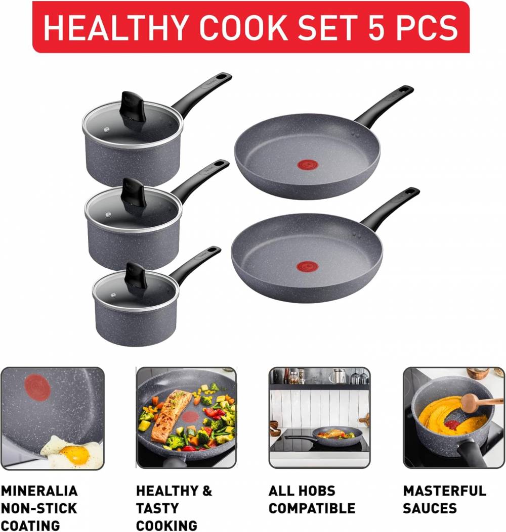 TEFAL Healthy Cook ON Non-stick Induction 5PC Cookware Set - Grey
