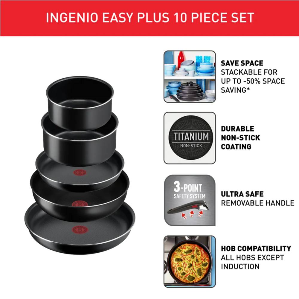 Tefal Ingenio 10pc Non-stick Cookware Induction Pots & Pans Set, Black