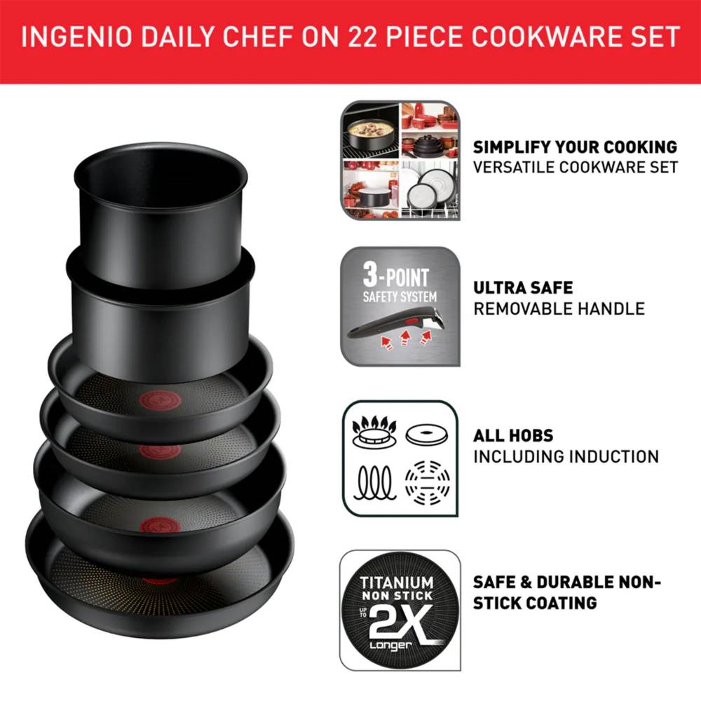 Tefal Ingenio 22pc Non-stick Cookware Induction Pots & Pans Set, Black