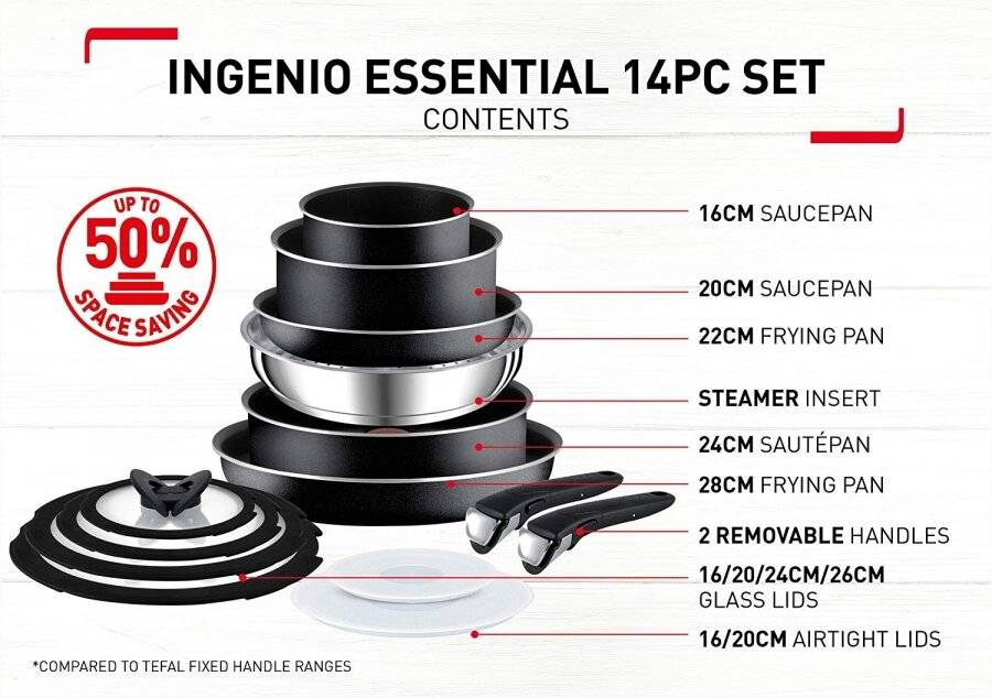 Tefal Ingenio Essential 14 PCs Nonstick Saucepan and Frypan Set, Black