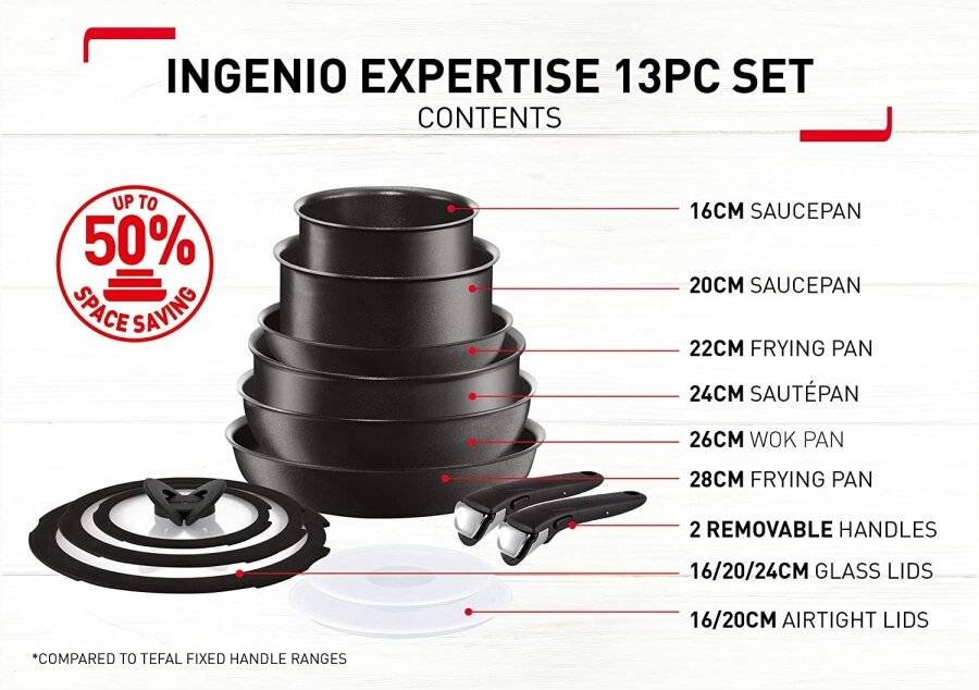 Tefal Ingenio Expertise Non-Stick Pots and Pans Set, 13-Piece, Black