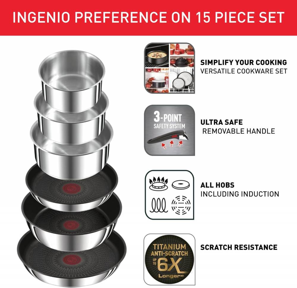 Tefal Ingenio Preference On 15pc Stainless Steel Nonstick Cookware Set