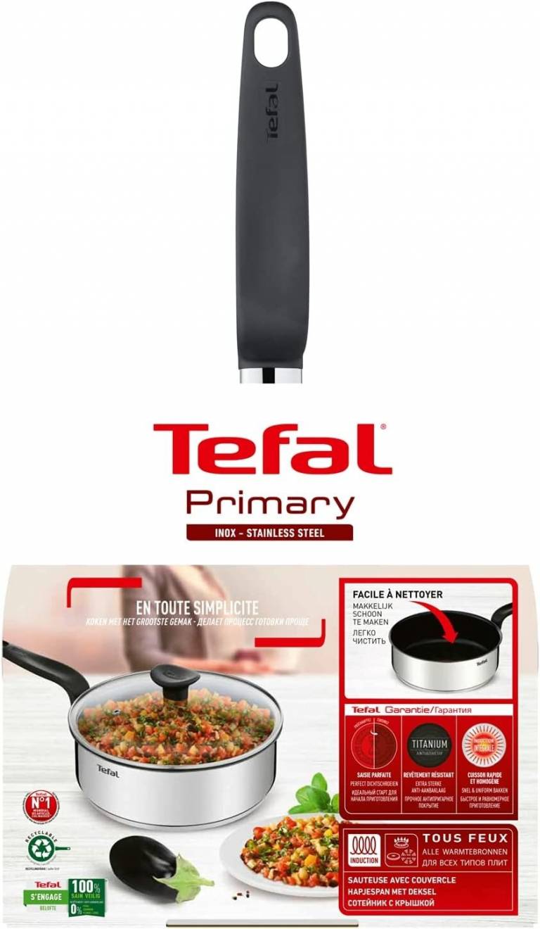 Tefal Primary Stainless Steel 24cm Induction Sauté Pan with Glass Lid