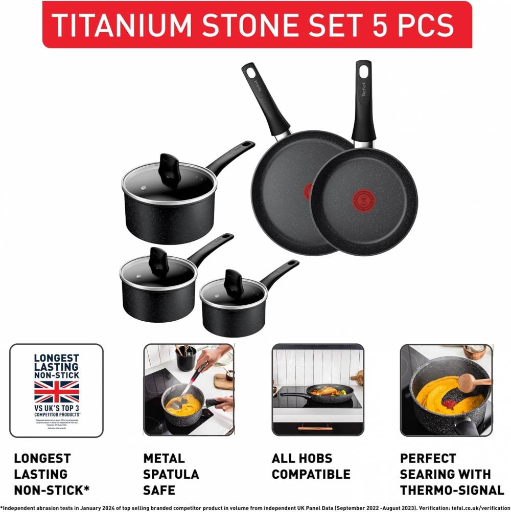 Tefal Titanium Stone Induction Non-Stick 5pc Set: Saucepan - Black