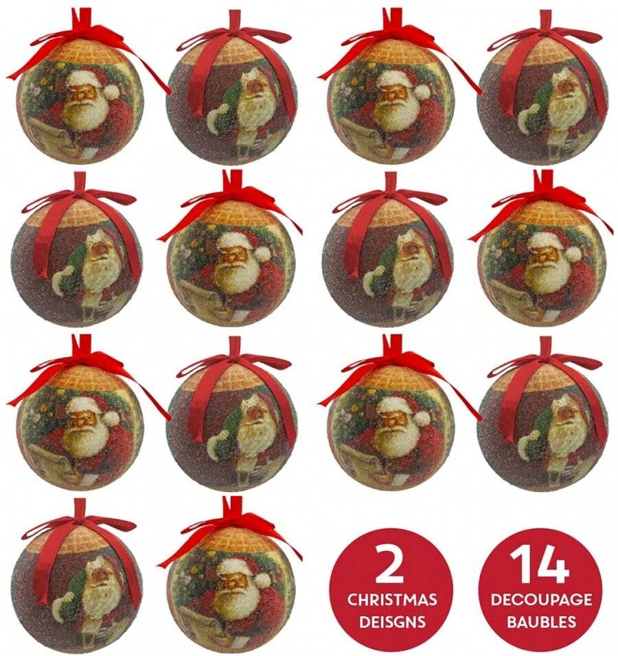 The Christmas Workshop 14-Piece 75 mm Santa Design Decoupage Baubles