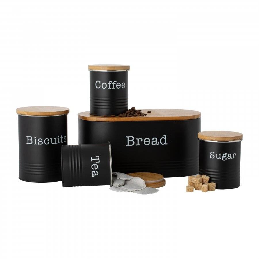 EHC 5 piece Tea, Coffee, Sugar, Biscuit and Bread Canisters, Black