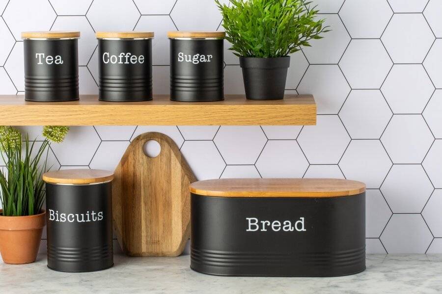 EHC 5 piece Tea, Coffee, Sugar, Biscuit and Bread Canisters, Black