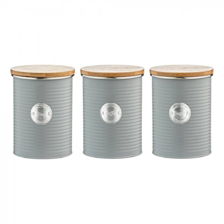 Set of 3 Grey Tea Coffee Sugar Canisters Storage Containers Jars Tin Bamboo Lid 
