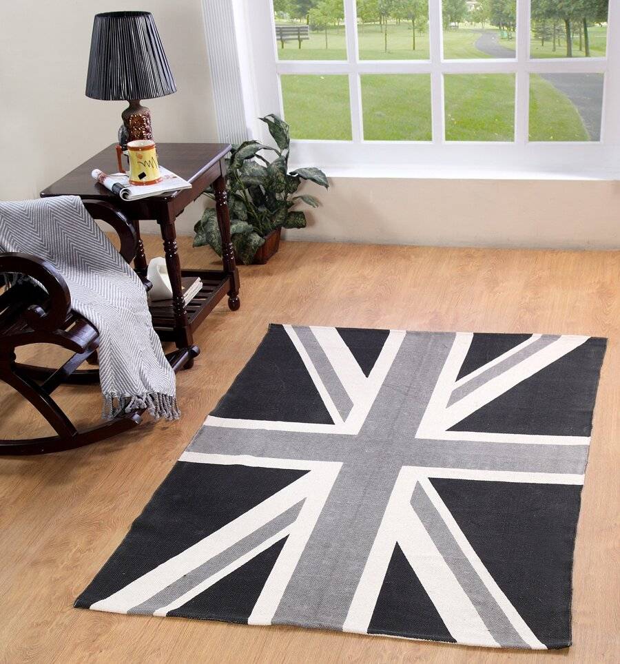 Union Jack Handwoven Cotton Large Floor Rug - Balck, Grey & White