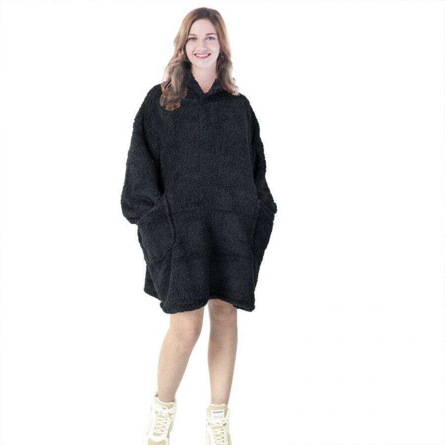 Unisex Oversized Microfiber Teddy Wearable Soft Hoodie Blanket, Black
