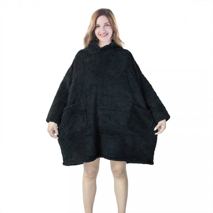 Unisex Oversized Microfiber Teddy Wearable Soft Hoodie Blanket, Black
