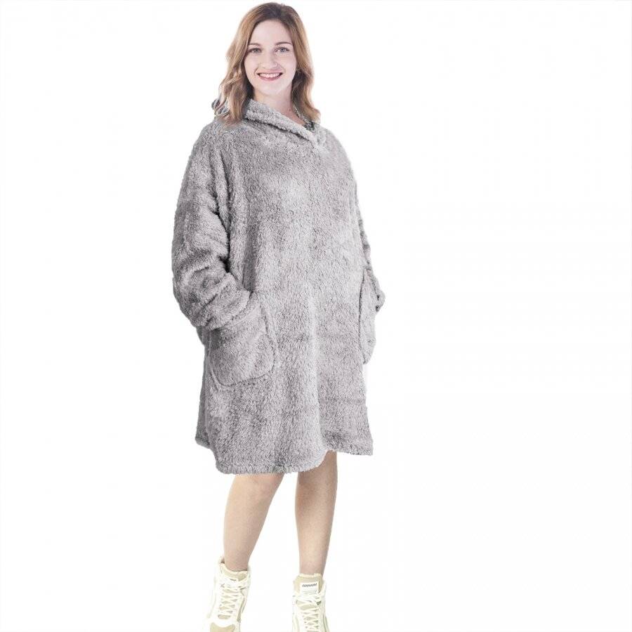 Unisex Oversized Microfiber Teddy Wearable Soft Hoodie Blanket, Grey