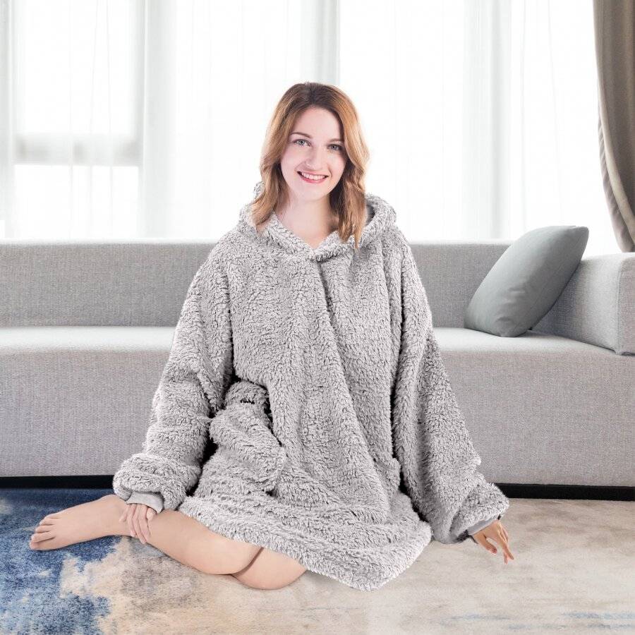 Unisex Oversized Microfiber Teddy Wearable Soft Hoodie Blanket, Grey