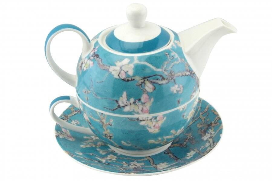 Floral Pattern Tea For One Teapot Cup Saucer Set - Gift Boxed, Teal