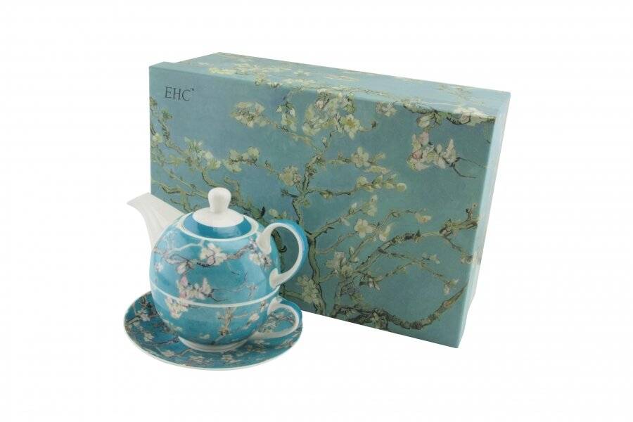 Floral Pattern Tea For One Teapot Cup Saucer Set - Gift Boxed, Teal