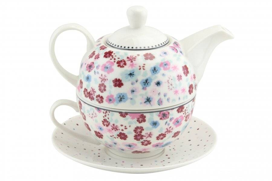 Floral Pattern Tea For One Teapot Cup Saucer Set - Gift Boxed, Cream