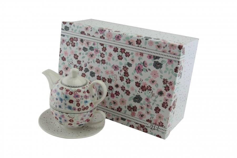 Floral Pattern Tea For One Teapot Cup Saucer Set - Gift Boxed, Cream