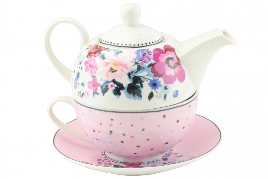 Floral Pattern Tea For One Teapot Cup Saucer Set - Gift Boxed, Pink