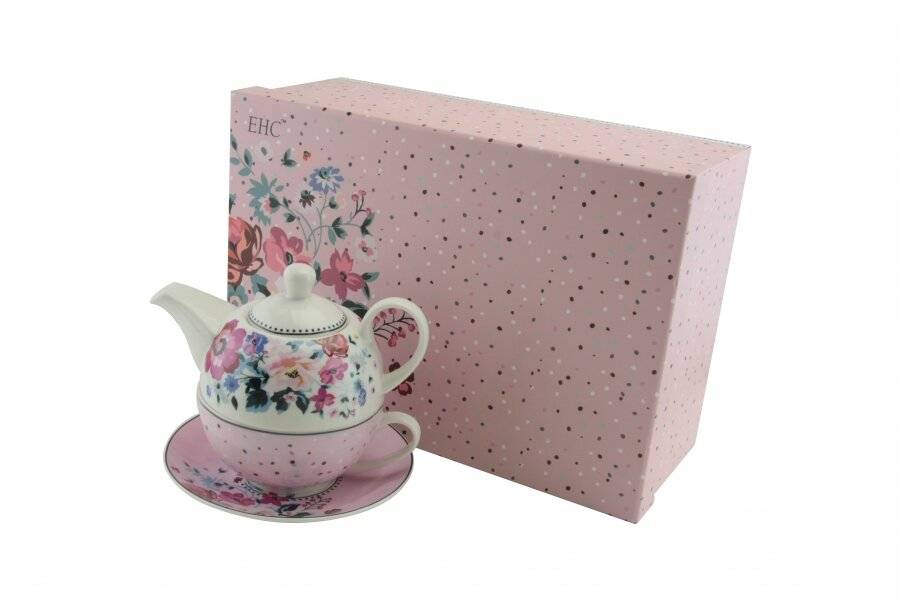 Floral Pattern Tea For One Teapot Cup Saucer Set - Gift Boxed, Pink
