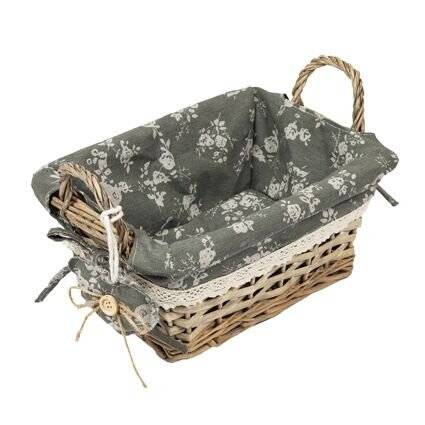 Vintage Wicker Basket With Side Handle Grey Liner and Victorian Lace