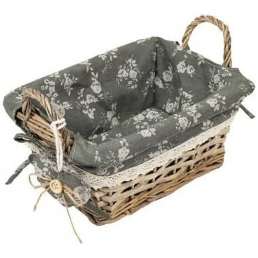 Vintage Wicker Basket With Side Handle Grey Liner and Victorian Lace