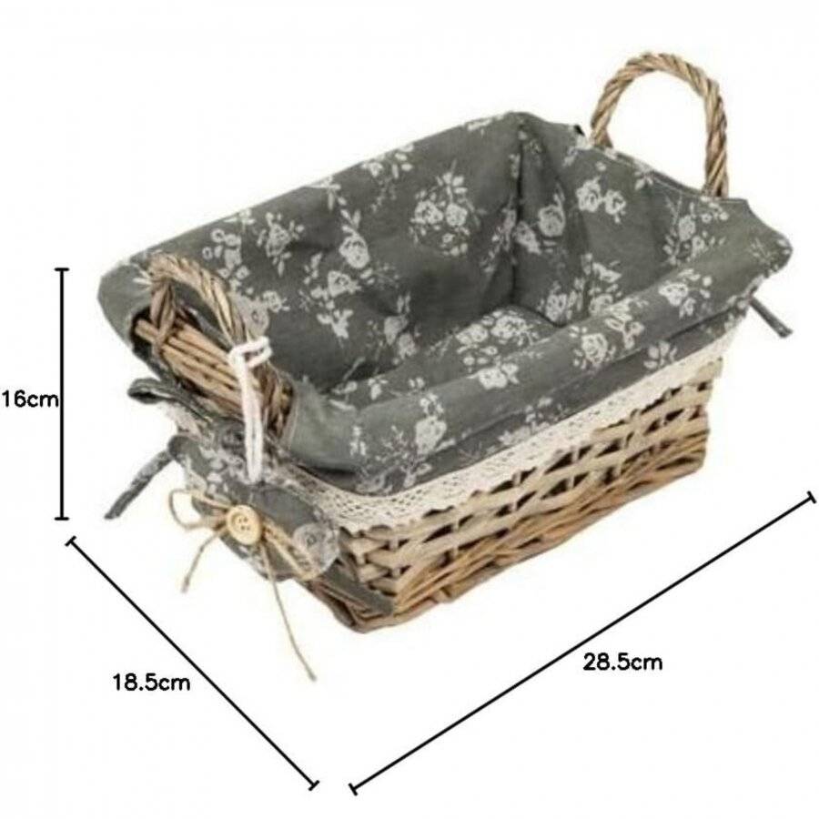 Vintage Wicker Basket With Side Handle Grey Liner and Victorian Lace