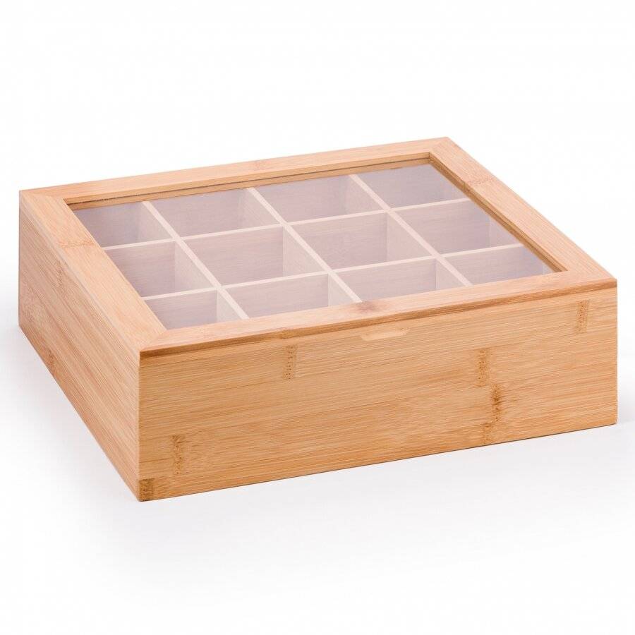 Woodluv 12 Compartment  Bamboo Tea Bag Storage Caddy With Acrylic Lid