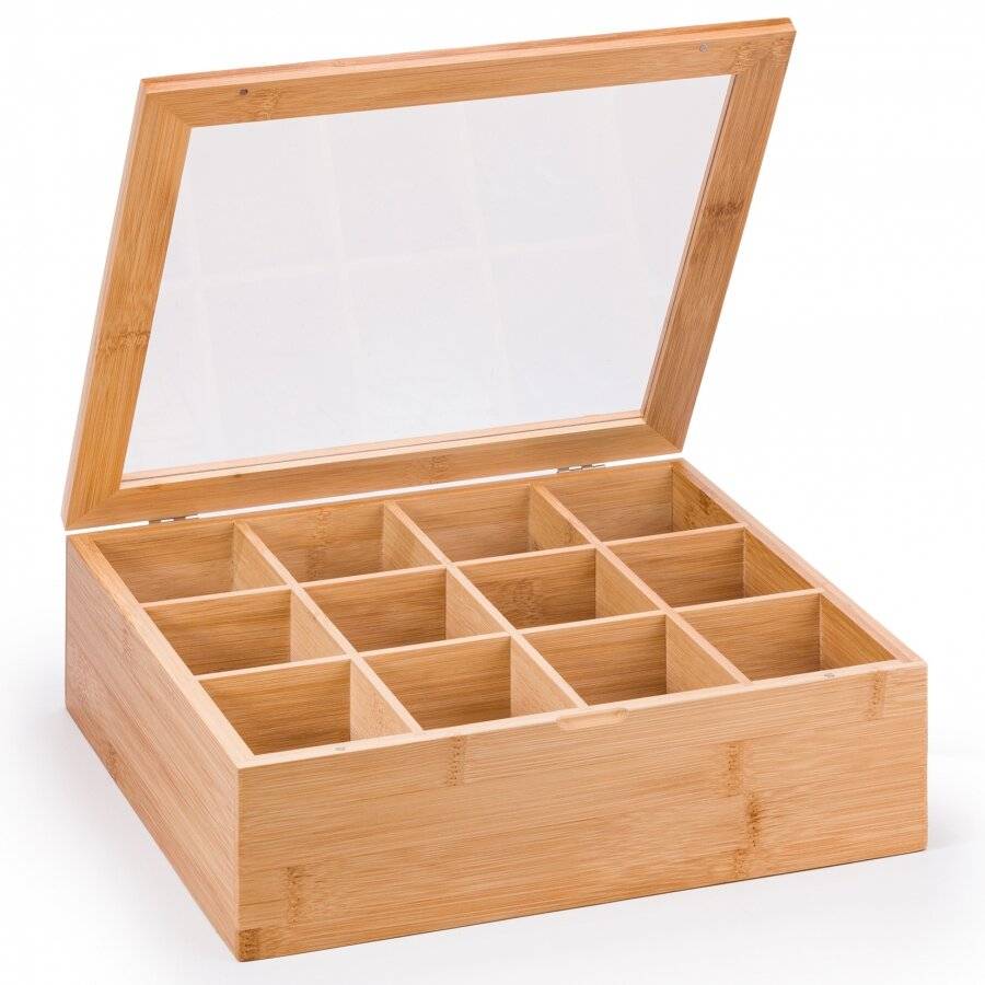 Woodluv 12 Compartment  Bamboo Tea Bag Storage Caddy With Acrylic Lid