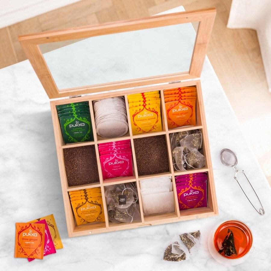 Woodluv 12 Compartment  Bamboo Tea Bag Storage Caddy With Acrylic Lid