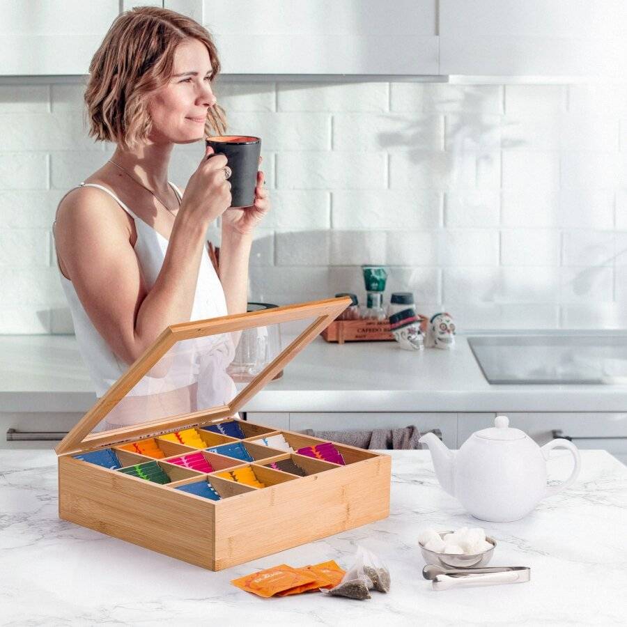 Woodluv 12 Compartment  Bamboo Tea Bag Storage Caddy With Acrylic Lid
